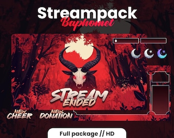 Puede incluir: Una superposición de transmisión roja y negra con una ilustración de cabeza de cabra demoníaca. El texto "Stream Ended" está en blanco con un contorno rojo. La superposición también incluye secciones para nuevos aplausos y donaciones.