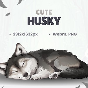 May include: Illustration of a sleeping husky dog in shades of gray and white. The image includes the text "CUTE HUSKY", along with the resolution and file type information.
