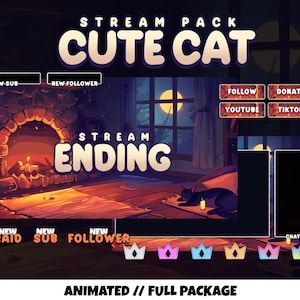 ANIMATED TWITCH OVERLAYS - Sleeping cute cat - Animated twitch assets - Cozi Room - Midnight chill - Overlays, Screens, Badges and more!