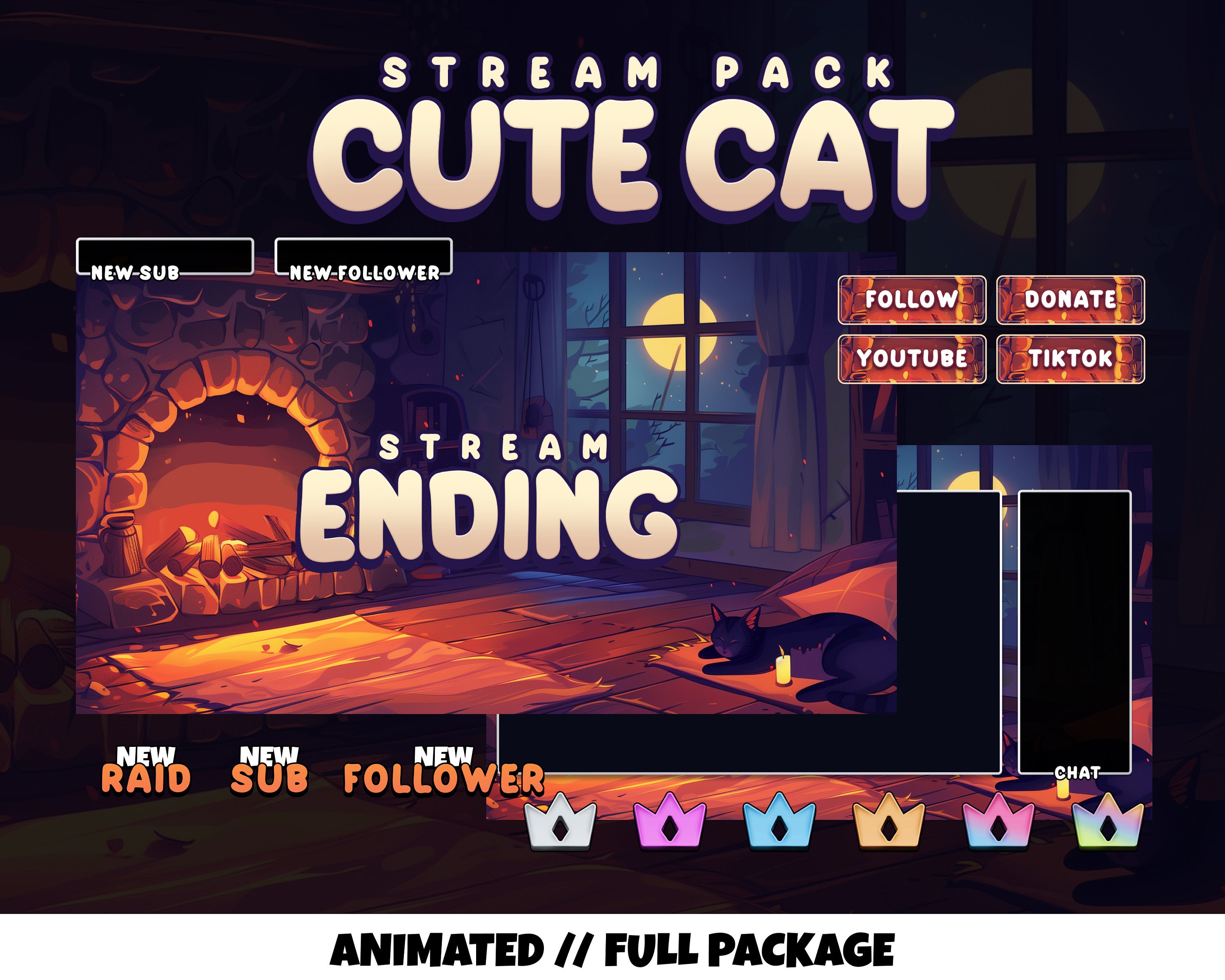 ANIMIERTE TWITCH OVERLAYS - Schlafende süße Katze - Animierte zuckende Elemente - Gemütlicher Raum - Midnight chill - Overlays, Bildschirme, Badges und mehr!