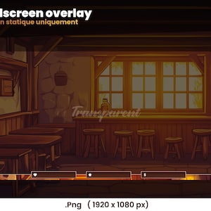 May include: A digital illustration of a tavern interior with a wooden bar, stools, and a window overlooking a sunset. The text "Fullscreen overlay" and "Design statique uniquement" is displayed at the top of the image.