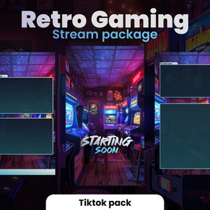 Puede incluir: Una superposición de transmisión en vivo de juegos retro con un esquema de color azul y negro. La superposición presenta un letrero de neón que dice "Comenzando pronto" y dos áreas rectangulares para elementos de transmisión en vivo. El texto "En vivo ahora" es visible en la esquina superior izquierda de la superposición.