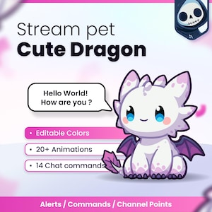 Może przedstawiać: Cyfrowa grafika przedstawiająca białego i fioletowego smoka z niebieskimi oczami. Tekst zawiera Stream pet Cute Dragon, Hello World! How are you ?, Editable Colors, 20+ Animations, 14 Chat commands oraz Alerts / Commands / Channel Points.