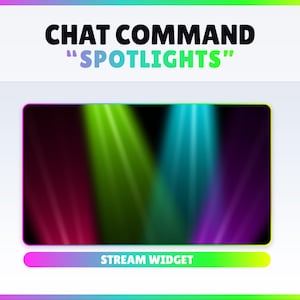 Może przedstawiać: Obraz z tekstem "CHAT COMMAND" nad prostokątem z kolorowymi reflektorami. Słowo "SPOTLIGHTS" jest w kolorze zielonym i niebieskim. Poniżej prostokąta znajduje się tekst "STREAM WIDGET". Tło jest białe.