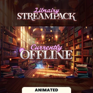 Peut inclure: Superposition animée de pack de diffusion en direct de bibliothèque avec le texte "Actuellement hors ligne" en lettres roses et blanches. L'arrière-plan est une bibliothèque avec des étagères remplies de livres et des lumières brillantes.