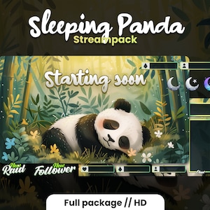 May include: A digital illustration of a sleeping panda in a green bamboo forest with flowers. The text "Sleeping Panda Streampack" is at the top of the image. The text "Starting soon" is in the centre of the image. The image is a digital download for a Twitch stream overlay.
