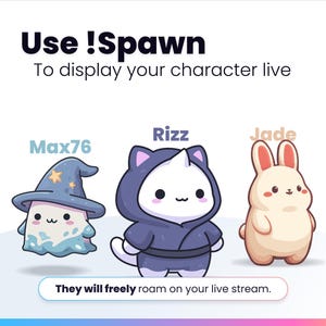 May include: An illustration with the text "Use !Spawn" and "To display your character live." Three cartoon characters are shown: Max76, Rizz, and Jade. The text "They will freely roam on your live stream" is also included.
