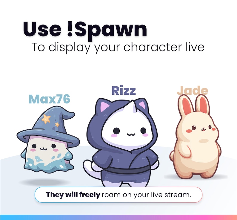 May include: An illustration with the text "Use !Spawn" and "To display your character live." Three cartoon characters are shown: Max76, Rizz, and Jade. The text "They will freely roam on your live stream" is also included.