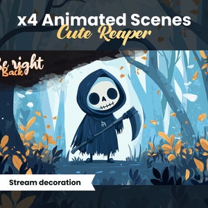 x4 Animierte Stream Szenen | Twitch Overlays | Animierter illustrierter Sensenmann in einem niedlichen Wald | Low-Fi | Obs | Softkern | Gotik
