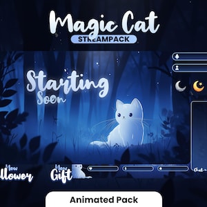 May include: Animated stream pack with a blue and purple colour scheme. The pack features a white cat with a blue background and the text "Magic Cat Streampack" and "Starting Soon".