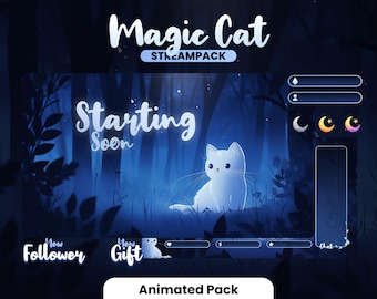 STREAM PACK - Magic Cat - 1920x1080px - Animated - Forest - Overlays, Scenes, Alerts and more! Instant download