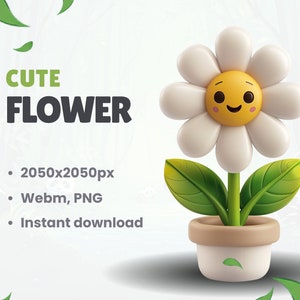 Puede incluir: Una ilustración 3D de dibujos animados de una margarita blanca con una cara sonriente amarilla en una maceta marrón con hojas verdes. El texto "CUTE FLOWER" está en letras negras sobre la flor.