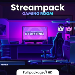 Puede incluir: Una ilustración digital de una configuración de sala de juegos con un esquema de color morado y azul. La imagen presenta un monitor de computadora que muestra el texto "Stream is currently starting", una silla de juego, un escritorio y un micrófono. El texto "Streampack Gaming Room" está en la parte superior de la imagen. El texto "Full package // HD" está en la parte inferior de la imagen.
