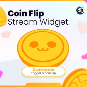 Puede incluir: Una moneda amarilla brillante con una cara sonriente es el foco central de esta imagen. El texto "Coin Flip Stream Widget" se muestra en negrita, con letras negras. Debajo de la moneda hay un rectángulo blanco con el texto "Username Trigger a coin flip."