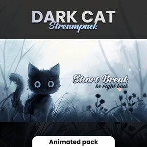 DARK CUTE CAT ストリーム パッケージ - アニメーション化されたローファイ オーバーレイ - Twitch および Obs - スクリーン、オーバーレイ、バッジ、パネルなど!