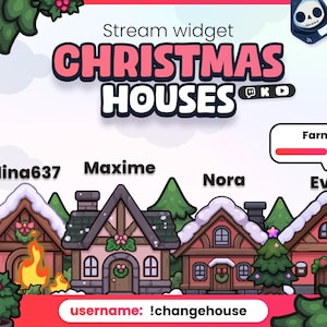 May include: A digital stream widget graphic titled Christmas Houses featuring a row of cartoon-style snowy houses with festive wreaths, pine trees, and user names like Nina637, Maxime, and Nora. The interface includes a command bar with the text username: !changehouse and icons for streaming platforms.