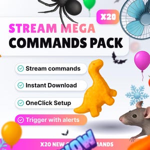 Peut inclure: Graphique promotionnel pour un "STREAM MEGA COMMANDS PACK" avec le texte "Stream commands", "Instant Download", "OneClick Setup" et "Trigger with alerts". L'image comprend un dinosaure de dessin animé, des ballons et d'autres éléments décoratifs.