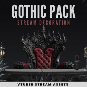 May include: Gothic Pack Stream Decoration VTuber Stream Assets. A black throne with a red velvet cushion sits in front of a black table with two black lanterns and a microphone.