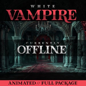 Puede incluir: Una superposición animada de temática gótica oscura para transmisiones de Twitch o YouTube. El texto dice "White Vampire" en letras rojas y "Currently Offline" en letras blancas. El fondo es un pasillo oscuro y en ruinas con una alfombra roja y una lámpara de araña.