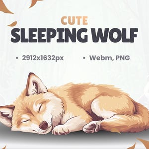 May include: A cute cartoon illustration of a sleeping wolf with brown fur. The wolf is curled up on its side with its eyes closed. The background is a light brown with a white pattern.