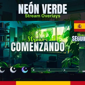 Może przedstawiać: Cyfrowy projekt nakładki strumieniowej w kolorach neonowej zieleni i turkusu. Projekt zawiera tekst "NEON VERDE Stream Overlays" i "Stream COMENZANDO". Tło przedstawia pokój z roślinami i biurkiem.