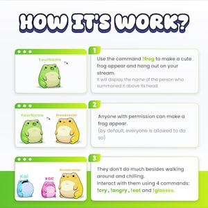 May include: A graphic showing how to use a command to make a cute frog appear on a stream. The image includes instructions and examples of the frog in different colors, along with the text "HOW IT'S WORK?"