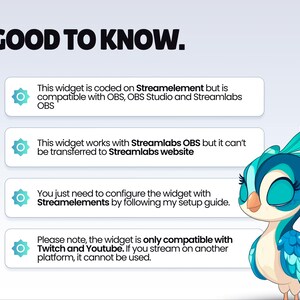 Puede incluir: Imagen con el texto "GOOD TO KNOW." y cuatro puntos informativos sobre un widget. Un p&aacute;jaro de dibujos animados en tonos azules y turquesas est&aacute; en el lado derecho de la imagen.