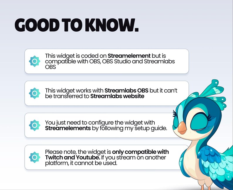 Puede incluir: Imagen con el texto "GOOD TO KNOW." y cuatro puntos informativos sobre un widget. Un p&aacute;jaro de dibujos animados en tonos azules y turquesas est&aacute; en el lado derecho de la imagen.