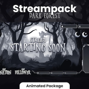 May include: Dark forest-themed Streampack graphic with the text "Stream Starting Soon." The design features a moon, trees, and a graveyard. Includes animated package elements for donations and followers.