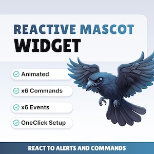 Puede incluir: Gráfico digital con un cuervo azul oscuro con las alas extendidas. El texto "REACTIVE MASCOT WIDGET" se muestra encima del cuervo. El texto adicional incluye "Animated", "x6 Commands", "x6 Events" y "OneClick Setup". La frase "REACT TO ALERTS AND COMMANDS" está en la parte inferior.