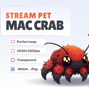 May include: Animated GIF of a red crab with black eyes and claws. The crab is 2050 x 2050 pixels and has a transparent background. The GIF is a perfect loop and is available in .Webm and .Png formats.  Stream Pet Mac Crab.