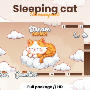 May include: A digital illustration featuring a sleeping orange and white cat on a cloud, with the text "Sleeping cat Stream pack". The design includes cloud and moon icons, and the words "Stream ended", "Cheer", and "Donation".
