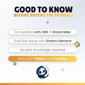 May include: Graphic with the text "GOOD TO KNOW BEFORE BUYING THE PRODUCT". The image lists features: Compatible with OBS + Streamlabs, OneClick Setup with Stream Element, No prior knowledge required, and Work with Twitch and Youtube.