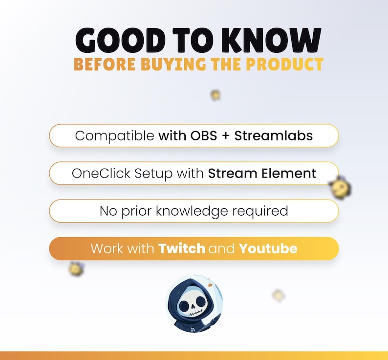 May include: Graphic with the text "GOOD TO KNOW BEFORE BUYING THE PRODUCT". The image lists features: Compatible with OBS + Streamlabs, OneClick Setup with Stream Element, No prior knowledge required, and Work with Twitch and Youtube.