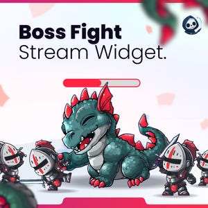 Puede incluir: Ilustración de dibujos animados de un dragón verde con detalles rojos y caballeros. Se muestra el texto "Boss Fight Stream Widget". Se muestra una barra de progreso encima del dragón.