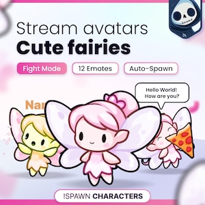 Może przedstawiać: Cyfrowa grafika przedstawiająca trzy małe postacie wróżek ze skrzydłami. Tekst głosi: Stream avatars Cute fairies, Fight Mode, 12 Emotes, Auto-Spawn, Hello World! How are you? oraz !SPAWN CHARACTERS. Jedna wróżka trzyma kawałek pizzy z pepperoni.