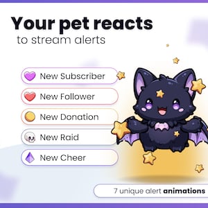 May include: A digital graphic featuring the text Your pet reacts to stream alerts. A list includes New Subscriber, New Follower, New Donation, New Raid, and New Cheer with icons. A cartoon dark purple bat character is surrounded by yellow stars.