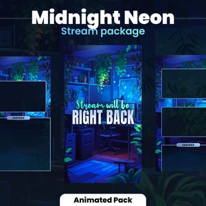 May include: Animated stream package with a neon green and blue color scheme. The package includes three different layouts with chat boxes and a screen for displaying the stream. The text "Stream will be right back" is displayed in the center of the screen.