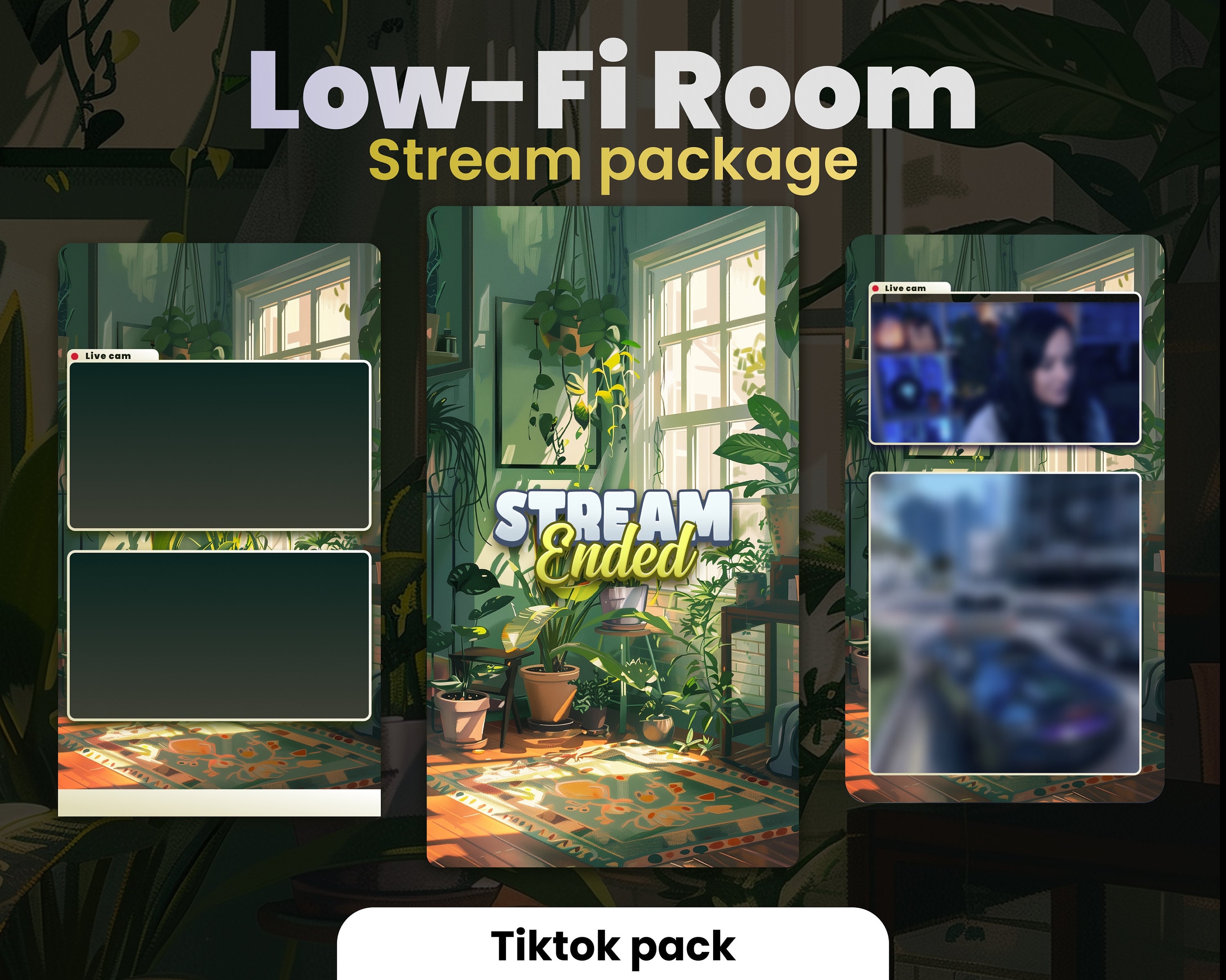 TIKTOK OVERLAYS - Low-fi Room with plants - Animated tik tok stream package - Screens, Alerts and More - Green and Yellow - Chill
