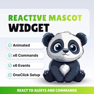 Puede incluir: Ilustración digital de un oso panda con cuerpo blanco y negro y ojos azules. La imagen incluye el texto "REACTIVE MASCOT WIDGET" y características como "Animated", "x6 Commands", "x6 Events" y "OneClick Setup". La parte inferior de la imagen dice "REACT TO ALERTS AND COMMANDS".