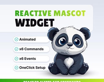 Puede incluir: Ilustración digital de un oso panda con cuerpo blanco y negro y ojos azules. La imagen incluye el texto "REACTIVE MASCOT WIDGET" y características como "Animated", "x6 Commands", "x6 Events" y "OneClick Setup". La parte inferior de la imagen dice "REACT TO ALERTS AND COMMANDS".