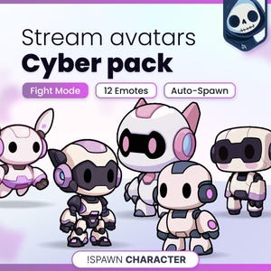 May include: A digital graphic featuring Stream avatars Cyber pack with text including Fight Mode, 12 Emotes, Auto-Spawn, and !SPAWN CHARACTER. Five small, stylized white and purple robots with black visors are displayed against a light background.