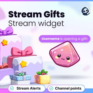 Puede incluir: Una ilustración que promociona "Stream Gifts" y "Stream widget" con cajas de regalo, una linda gema rosa y texto que dice "Username is opening a gift!" y "Stream Alerts" y "Channel points".