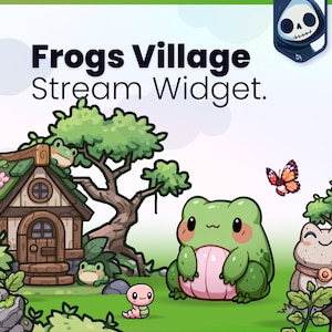 以下が含まれることがあります： Frogs Village Stream Widgetというタイトルのデジタルイラスト。緑の屋根の小さな木造家屋、ピンクのお腹をした大きな緑色のカエル、小さなピンクの虫、蝶、そして石造りのカエルの像が、草の生い茂る風景の中に描かれています。