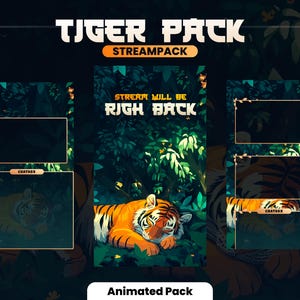 Puede incluir: Paquete de transmisi&oacute;n de Twitch animado con tem&aacute;tica de tigre. El paquete incluye un tigre durmiendo, follaje de jungla y texto que dice "Tiger Pack" y "Stream Will Be Right Back".