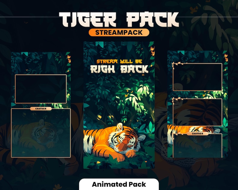 Puede incluir: Paquete de transmisi&oacute;n de Twitch animado con tem&aacute;tica de tigre. El paquete incluye un tigre durmiendo, follaje de jungla y texto que dice "Tiger Pack" y "Stream Will Be Right Back".
