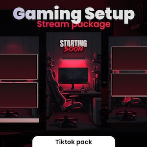 Peut inclure: Une configuration de jeu rouge et noire avec trois cadres vides, un moniteur affichant "Starting Soon" et une chaise. Le texte "Gaming Setup Stream Package" est en haut de l'image. Le texte "Tiktok pack" est en bas de l'image.