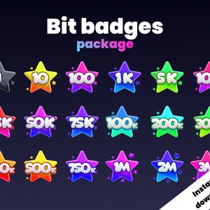 Puede incluir: Un conjunto de 16 insignias de estrellas de colores con números y el texto "Bit badges package". Las insignias están diseñadas para su uso en juegos en línea o redes sociales.