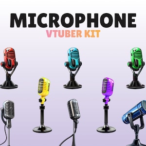 May include: A set of seven vintage-style microphones in various colours, including red, blue, green, yellow, purple, silver, and blue. The microphones are on stands and are arranged in a row. The text "MICROPHONE VTUBER KIT" is at the top of the image.