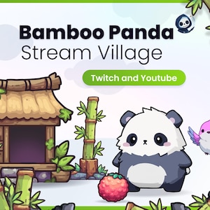 Könnte beinhalten: Grafische Illustration mit dem Text "Bamboo Panda Stream Village" und den Worten "Twitch and Youtube" auf einem grünen Button. Ein Cartoon-Panda, Bambus, ein kleines Haus, eine rote Beere und ein lila Vogel sind ebenfalls abgebildet.